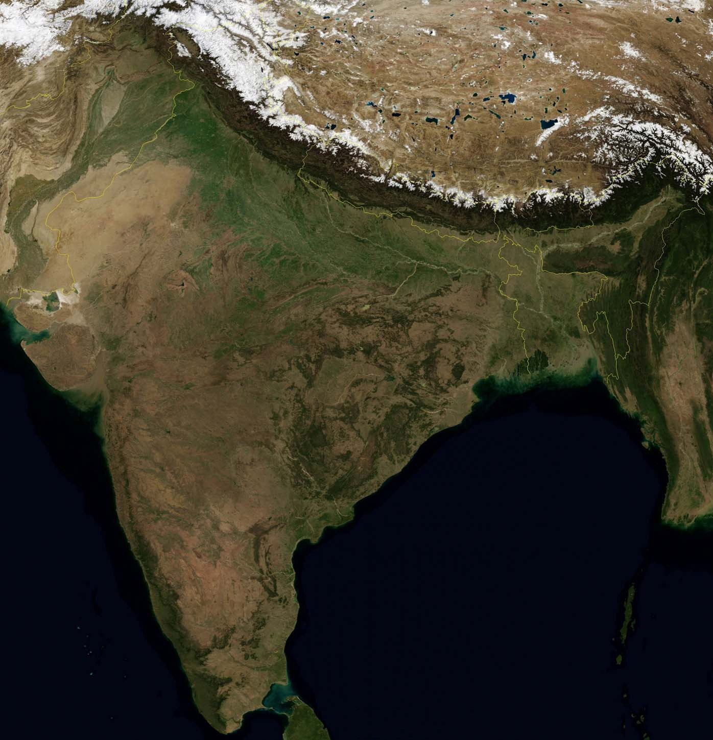 Map Satellite India, Pakistan, Nepal, Bhutan, Tibet AR, Bangladesh