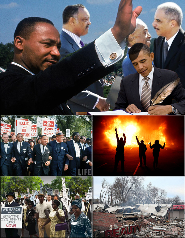 From “I Have A DREAM” to “I Have A Pen and SCHEME” in one Generation - “I am not the tall U.S. Attorney, I’m not the thin United States Attorney. I am the black United States Attorney.” – Eric Holder / Freedom March (R-L): Matthew Ahmann, Floyd McKissick, Martin Luther King Jr.and Rev. Eugene Carson Blake. Washington August 28, 1963 (Photographer: Robert Kelley, LIFE) - From this is a PROTEST - to this is a CRIME
