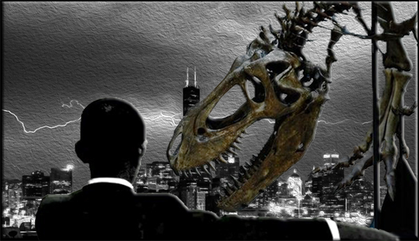 Silhouette “Mad Men” Obama T- Rex Skeleton Chicago Skyline