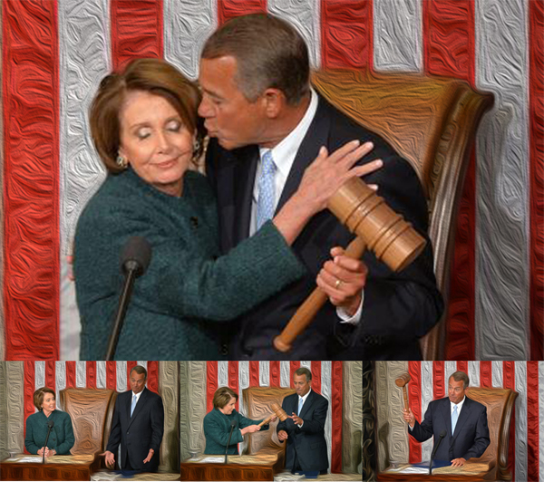 Boehner re-elected as House speaker (Speaker of the House John Boehner, R-OH, kisses House Minority Leader Nancy Pelosi, D-CA, after he was reelected as the Speaker during the first day of the 114th Congress, inside the House Chambers of the U.S. Capitol Building in Washington, D.C. on January 6, 2015. Photo by Kevin Dietsch/UPI)