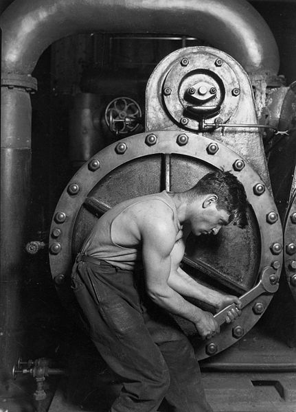 Lewis Hine (September 26, 1874 – November 3, 1940) Power house mechanic working on steam pump, 1920 - Records of the Work Progress Administration