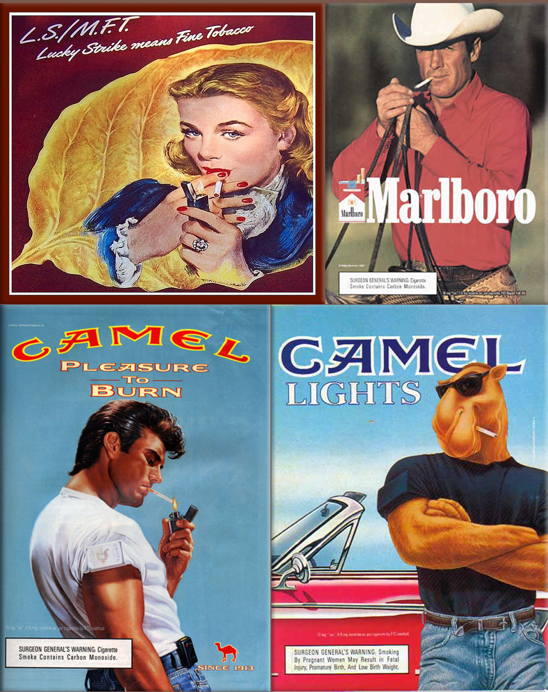 In 1971 cigarette advertisements are banned on American television (1950's Lucky Strike cigarette ad, courtesy of Cornelia Cotton Gallery; The Marlboro Man is assuredly the most successful and most controversial manly brand icon on the list. Created in 1954 by advertiser Leo Burnett, the Marlboro Man was a lone, rugged cowboy who always had a Marlboro cigarette coolly dangling from his lips; In the 1950s and 1960s, cigarettes as Christmas gifts, Ronald Reagan touting Chesterfield cigarettes; Camel cigarettes, picture of the typical 'cool guy' from around the fifties; Camel 1993 Cigarette Ad - Joe Camel Lights Hanging by the Convertible)