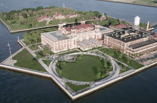 Ellis Island, an island in Upper New York Bay that was the gateway for millions of immigrants to the United States as the nation's busiest immigrant inspection station from 1892 until 1954
