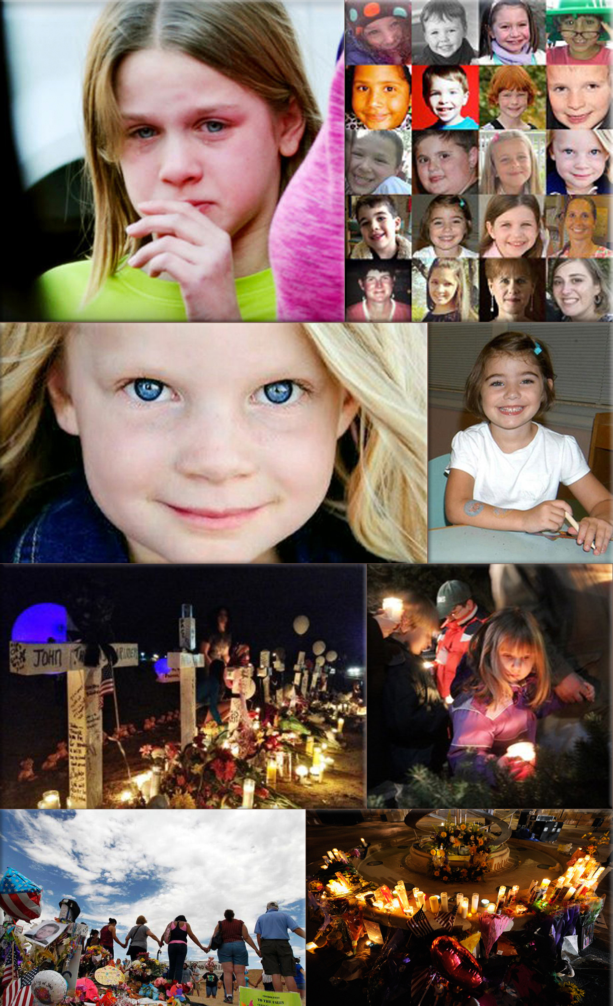 Mass murder in America: 28 people, including the gunman, were killed in a mass shooting in Sandy Hook village, Newtown, Connecticut on December 14th, 2012. ● Emilie Parker Memorial Fund/Handout, Reuters ● Caroline Previdi was one of 20 children killed at a Connecticut elementary school on Friday in one of the worst mass shootings in U.S. history. Reuters ● The Hill of Crosses, Jane Cowan ABC News ● Newtown, Connecticut KDRV ● A group of people hold hands and pray at a memorial across from the Colorado theater where a gunman killed 12 and wounded more than 50. Alex Brandon, AP ● Mourners create a memorial at the fountain of the Aurora Municipal Center after a prayer vigil Sunday for the 12 victims of Friday's mass shooting at the Century 16 movie theater. Kevork Djansezian, Getty Images