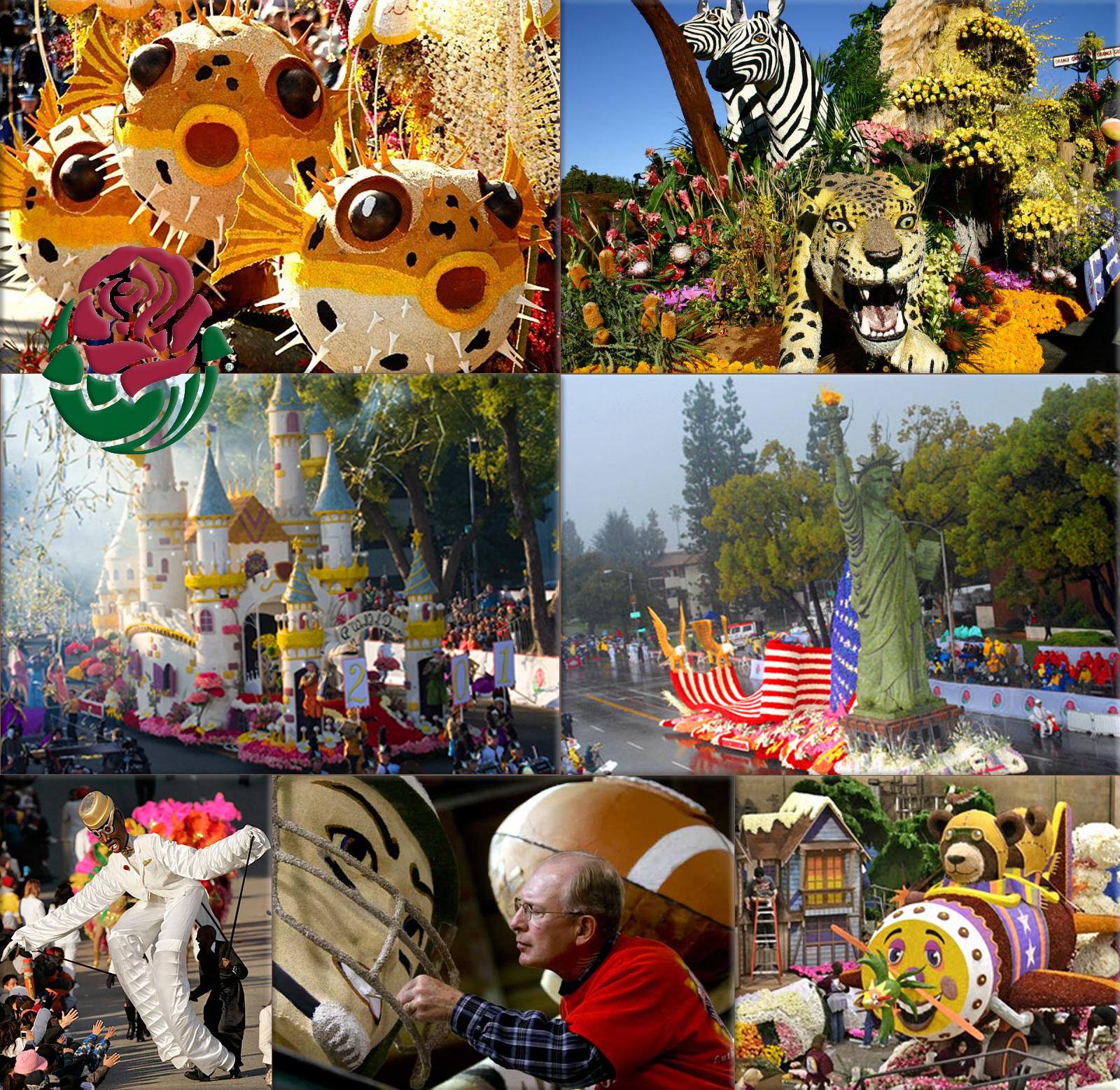 Collage of Tournament of Roses Parade photos, credit craftcritique, Los Angeles Times and Tournament of Roses