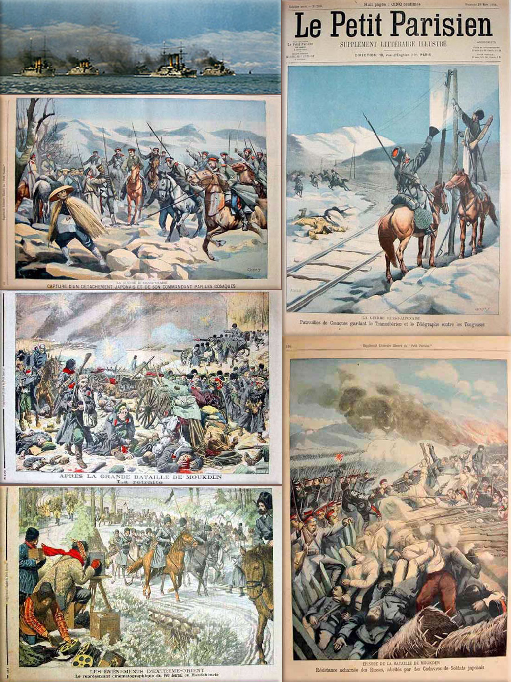 Russo-Japanese War: The Battle of Tsushima ends with the destruction of the Russian Baltic Fleet; Cossacks capture Japanese detachment and their commander; Aftermath of Mukden: the Russians defeated; Photographing Russians on the move in Manchuria; Cossacks protect the Telegraph lines; Battle of Mukden with piles of Japanese dead at the Ramparts, credit Andrewn.tripod