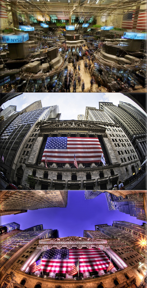 The New York Stock Exchange floor, credit Associated Press; and fisheye view, credit © Geoff Sills, © Eric L Bowers