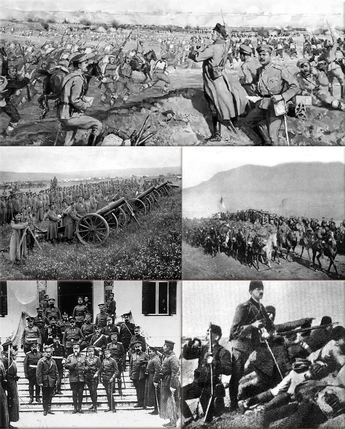 Bulgarians attack the Ottoman positions in the Battle of Lule Burgas; Serbian forces entering the town of Mitrovica; Ottoman troops at the Battle of Kumanovo; The Greek king and the Bulgarian tsar in Thesaloniki; Bulgarian heavy artillery