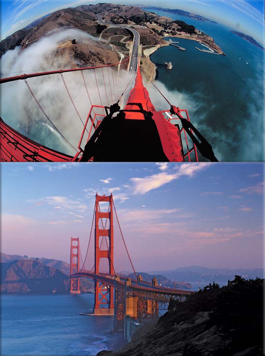 The Golden Gate Bridge in San Francisco, California Aerial of the top of the Golden Gate Bridge, San Francisco, CA (fisheye view), © credit Amos Photography; Golden Gate Bridge, © Digital Vision / Getty Images