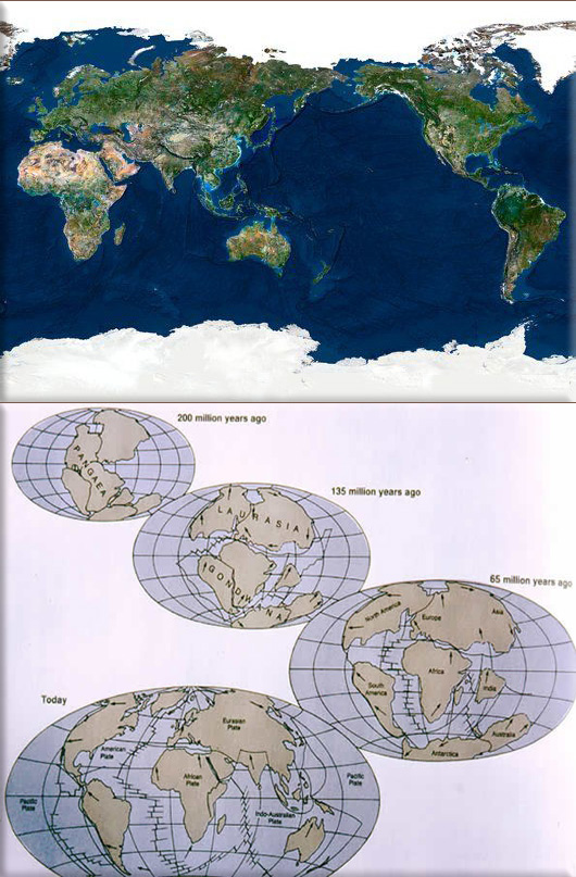 Austrlian satellite; Whole Earth, satellite image, credit Science Photo Library; Continental Drift in the past 200 million years, credit Geog.nau.edu