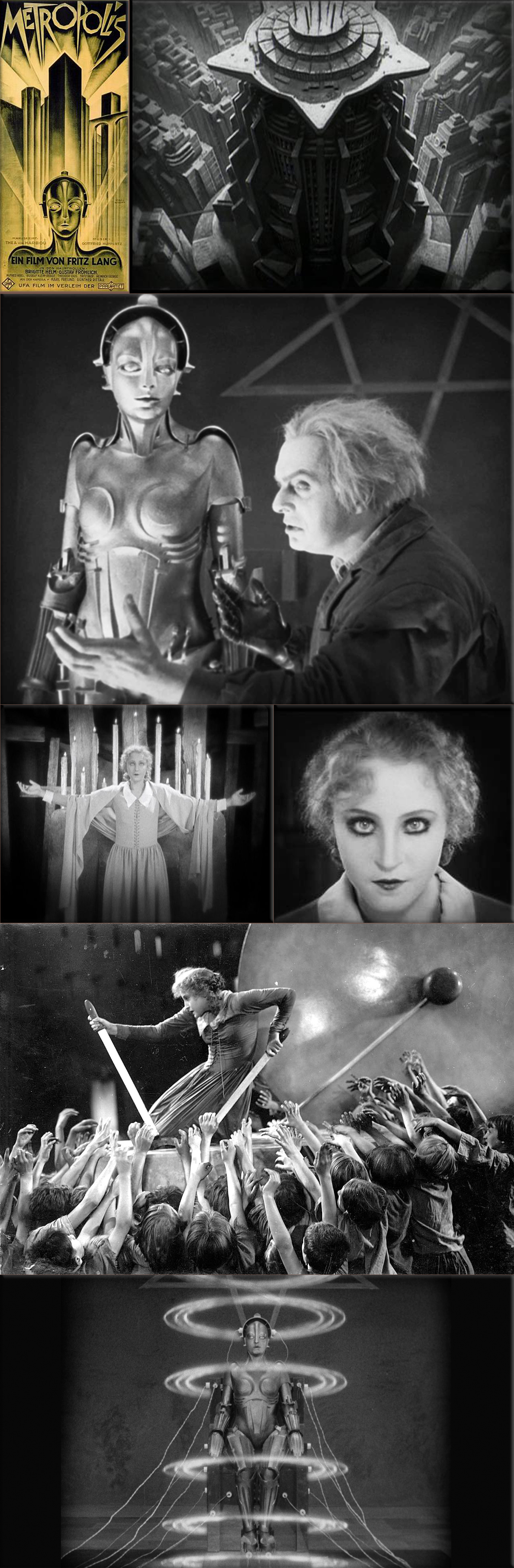 Fritz Lang's futuristic film Metropolis is released in Germany (Original 1927 theatrical release poster; Tower of Babel; Brigitte Helm as Maria; Mad scientist Rotwang (Rudolf Klein-Rogge) prepares to transform his robot into the likeness of Maria (Brigitte Helm))