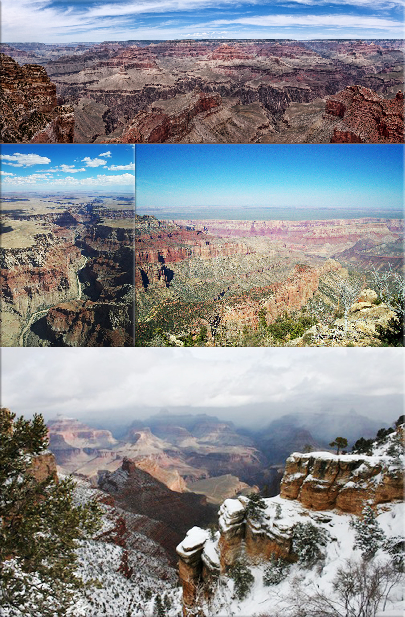 Grand Canyon National Park: A view from the South Rim; An aerial view of the Little Colorado River Gorge near East Rim of Grand Canyon; View of the North Rim of the Grand Canyon; South rim in winter