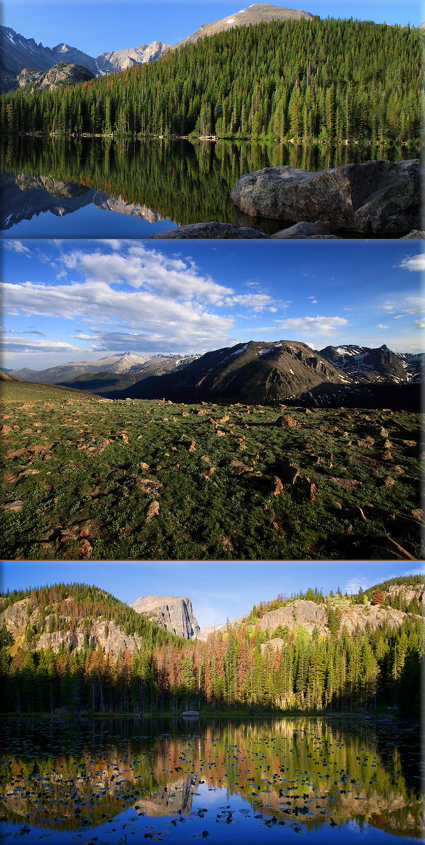 Rocky Mountain National Park is a national park located in the north-central region of the U.S. state of Colorado (features majestic mountain views, a variety of wildlife, varied climates and environments—from wooded forests to mountain tundra)