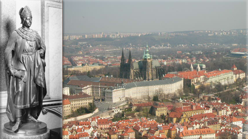 Arnošt of Pardubice; aerial view of St. Vitus Cathedral (The entire cathedral is situated inside the Prague Castle complex, and is the cathedral of the Archbishops of Prague)