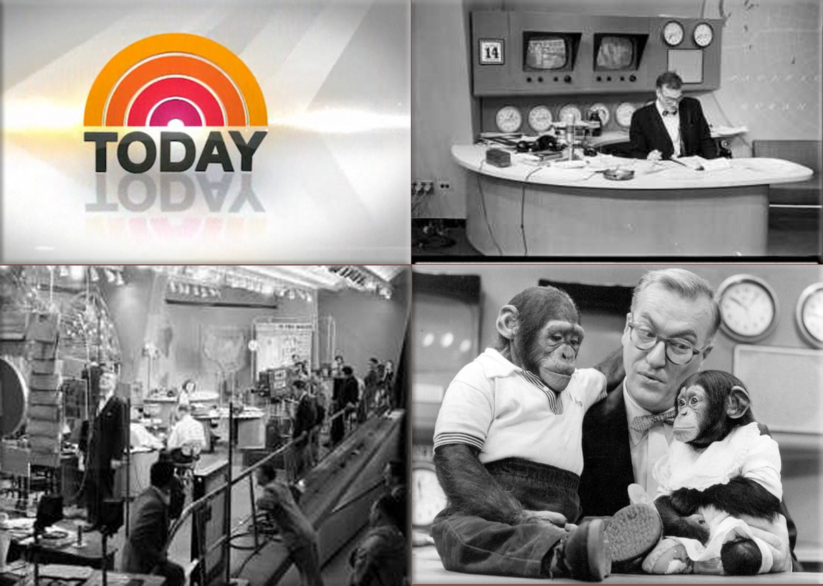 The Today Show: Garroway at the newsdesk; date of January 14, 1952 shown in upper left; Garroway and crew on Today show set first broadcast January 14, 1952; Mascot J. Fred Muggs and companion with Dave Garroway, 1954