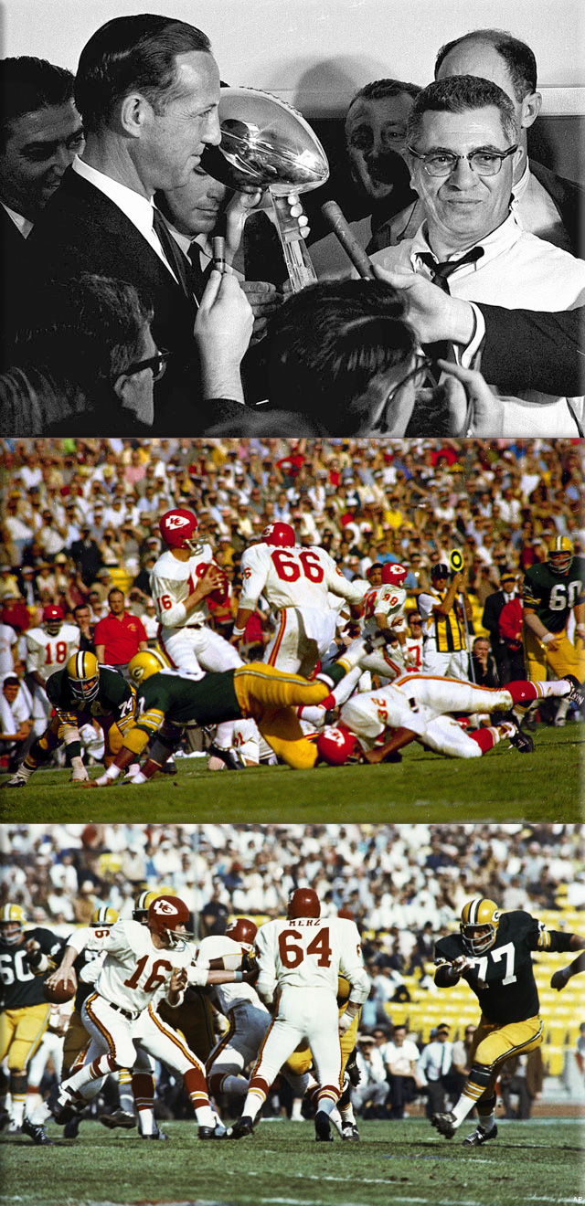 Football commissioner Pete Rozelle, left, presents the trophy to Green Bay Packers coach Vince Lombardi after they beat the Kansas City Chiefs in the Super Bowl in Los Angeles; Kansas City Chiefs' quarterback Len Dawson (16) gets ready to release the ball during the first Super Bowl, Jan. 15, 1967, against the Green Bay Packers at the Los Angeles Coliseum in Los Angeles, California; Kansas City Chiefs Len Dawson (16), looks for an opening in Super Bowl I game against the Green Bay Packers, Jan. 15, 1967. (AP Photo, File)