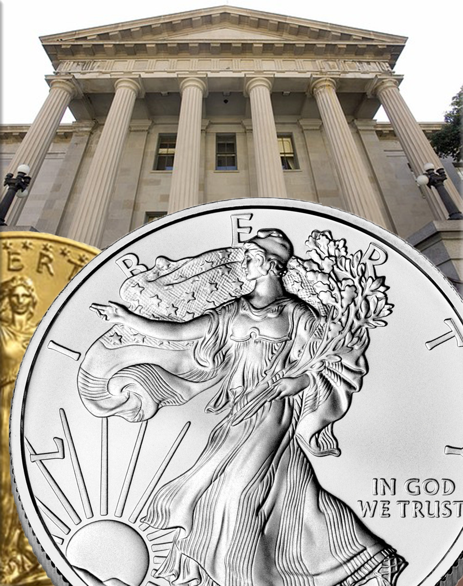 Old San Francisco Mint building, located on 5th Street and Mission Street; American Gold Eagle Coin, 2012; American Silver Eagle Coin, 2009