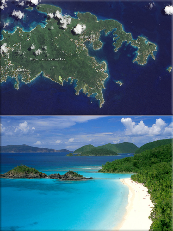Part of the U.S. Virgin Islands, the island of St. John incorporates both a land-based national park and a sea-based national monument (First established in 1956 and later expanded by the U.S. Congress, the Virgin Islands National Park covers more than 7,000 acres (2,800 hectares) - Coral Reef National Monument—established ten years ago this week by presidential proclamation—encompasses submerged lands within 3 miles (5 kilometers) of the St. John coast)