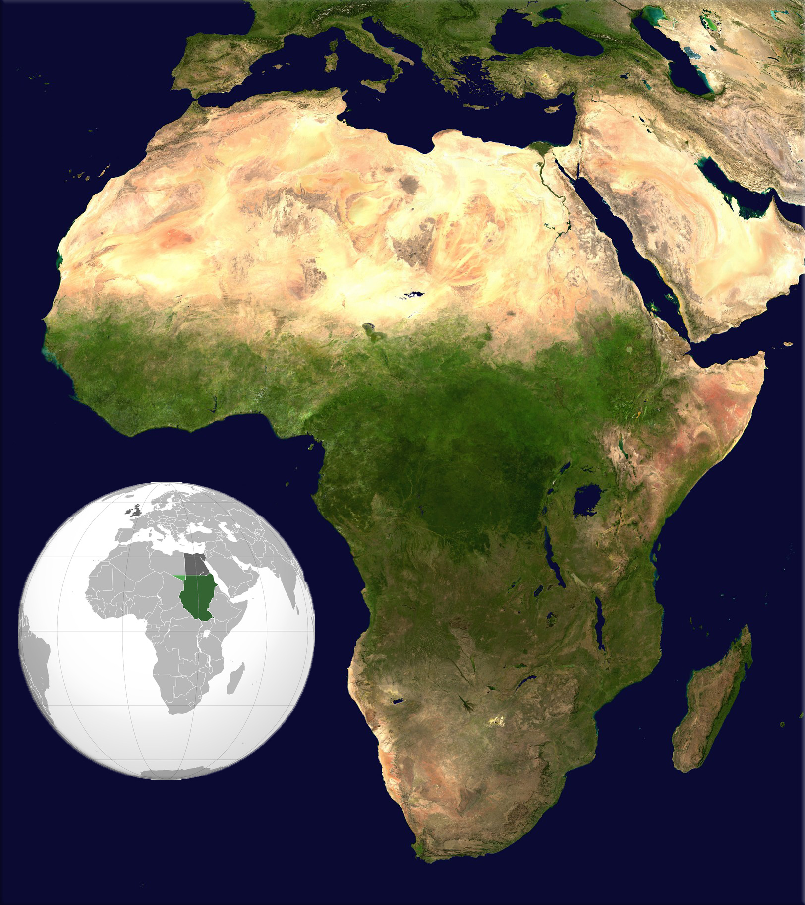 Africa satellite orthographic; Anglo-Egyptian Sudan (Green: Anglo-Egyptian Sudan, Light green: Ceded to Italian Libya in 1919, Dark grey: Egypt and the United Kingdom)