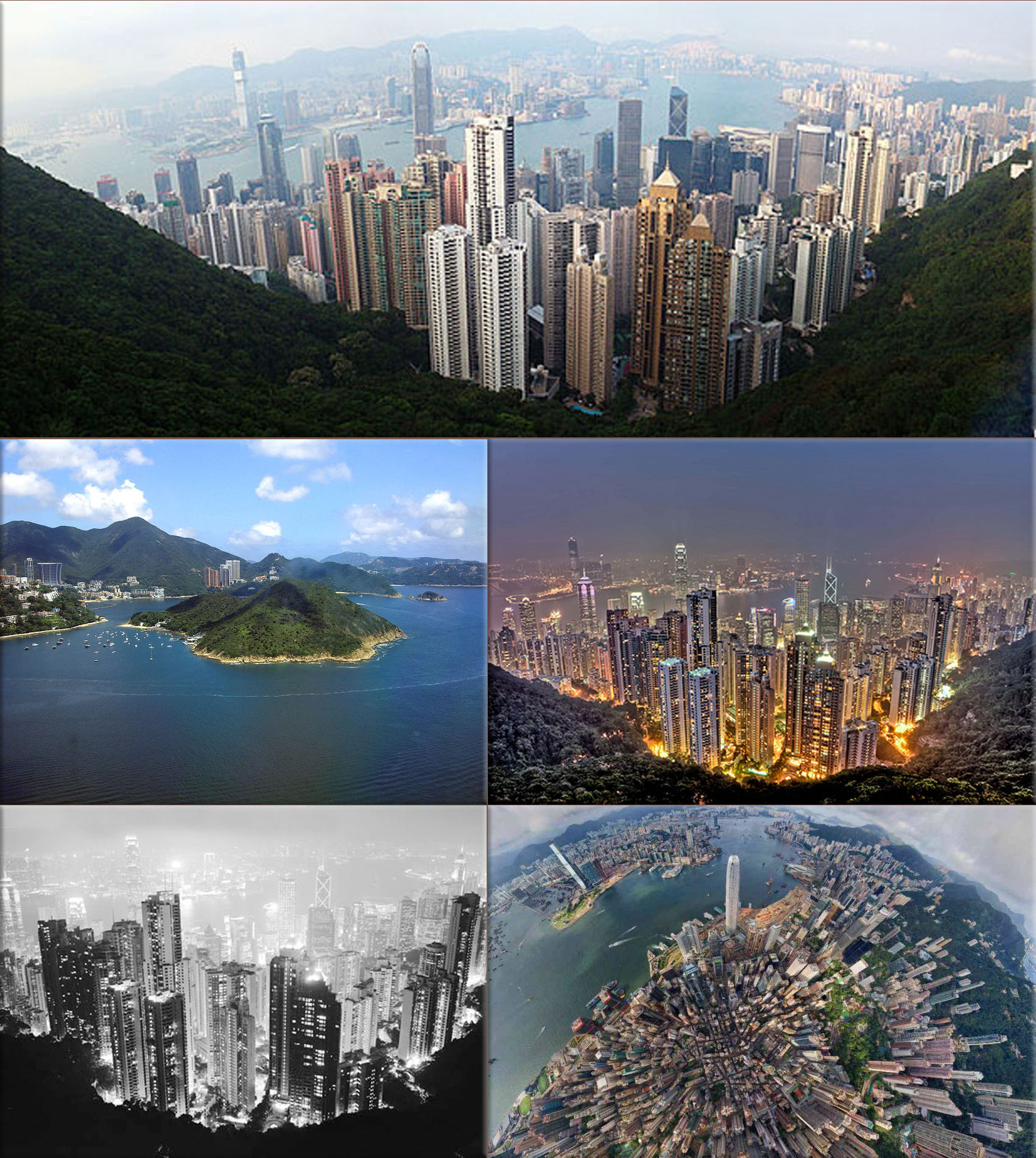 Hong Kong Island and skyline, famous sights such as 'The Peak', Ocean Park, many historical sites and  mountain ranges