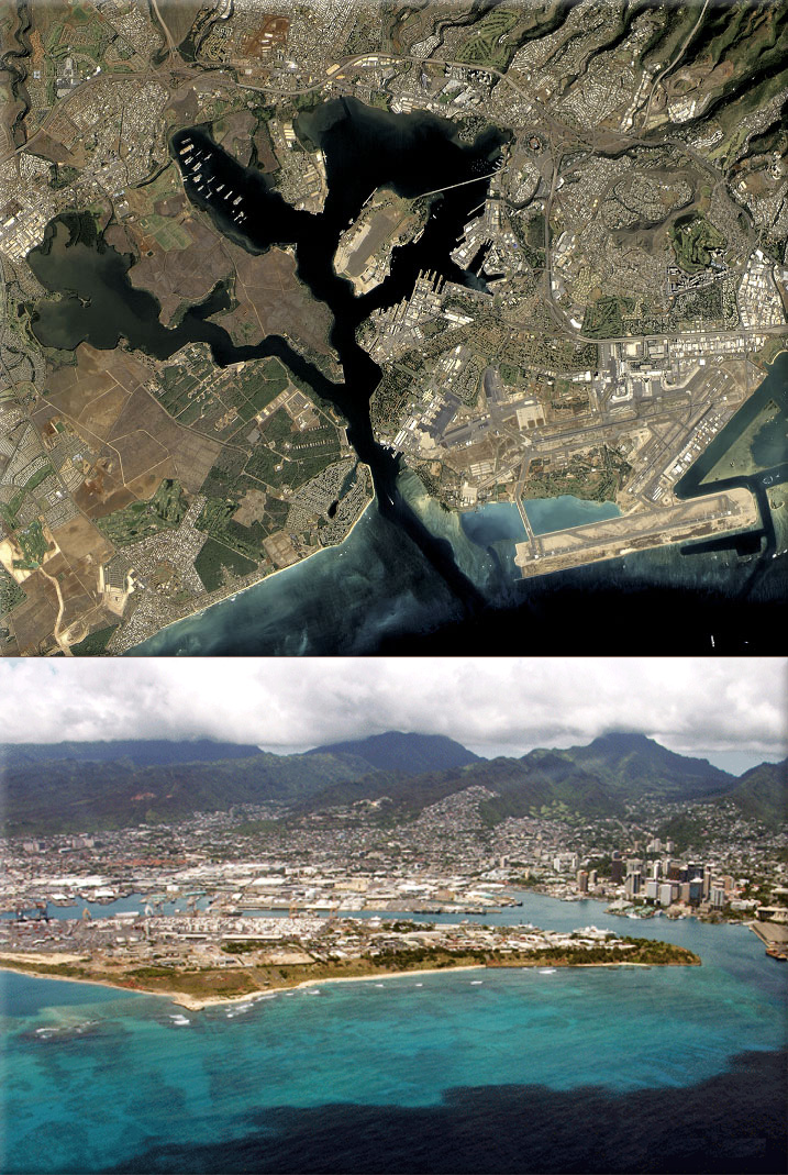 Satellite Image of Pearl Harbor, Hawaii, credit NASA, Aerial view of Pearl Harbor, Hawaii, credit Mongabay