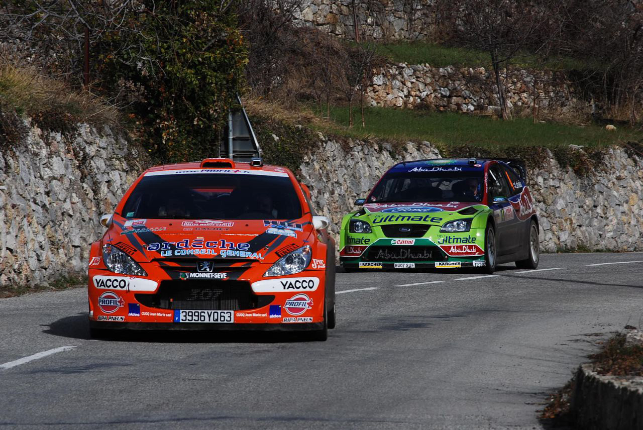 Monte Carlo Rally: Jean-Marie Cuoq driving his Peugeot 307 WRC and Jari-Matti Latvala driving his Ford Focus RS WRC 07 on a road section during the 2008 Monte Carlo Rally