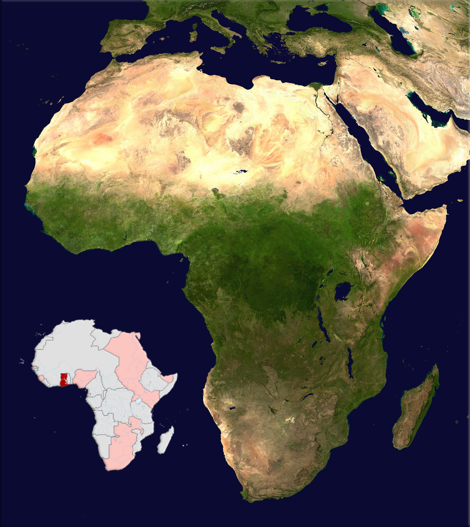 Africa satellite orthographic; The Gold Coast (red) British possessions in Africa (pink) 1913