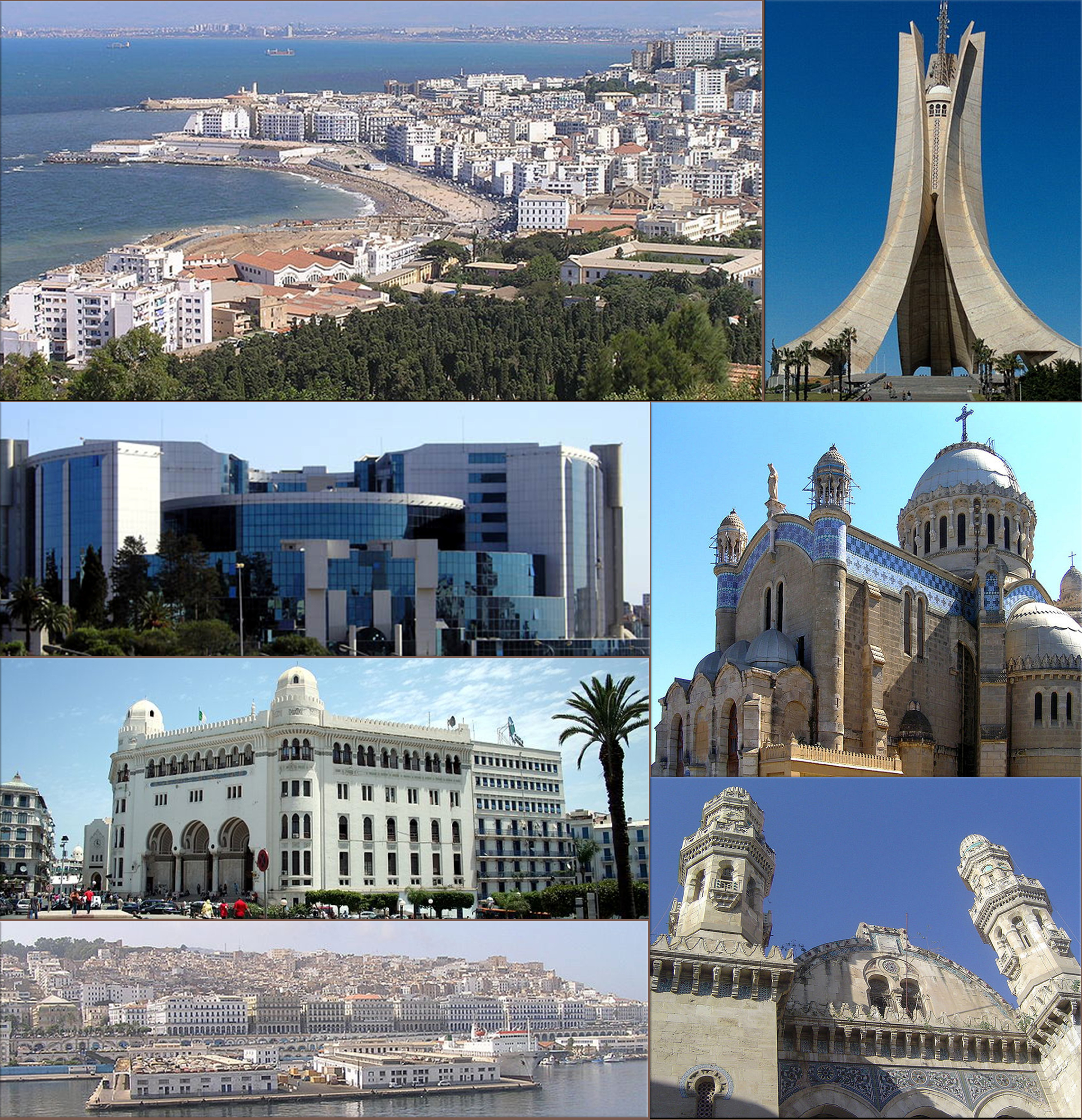 Buildings along the Mediterranean coast of Algiers, ● Martyrs Memorial, ● Notre Dame d'Afrique, ● Ketchaoua Mosque, ● Casbah, ● the Grand Post Office and ● the Ministry of Finance of Algeria