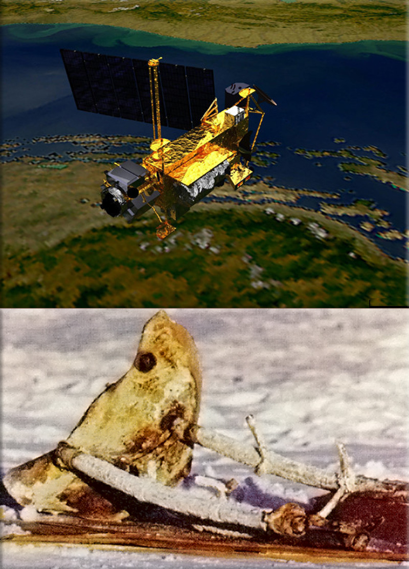 The Upper Atmosphere Research Satellite (artist's impression), credit NASA / CP; Cosmos-954 debris
