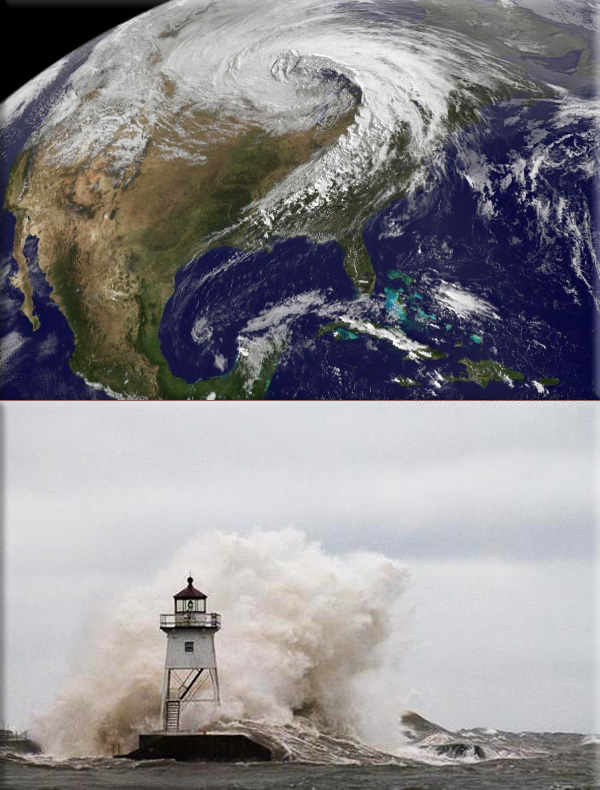 Land Hurricane: United States NOAA Satellite; Huge wave slams the lighthouse on Grand Marais Harbor