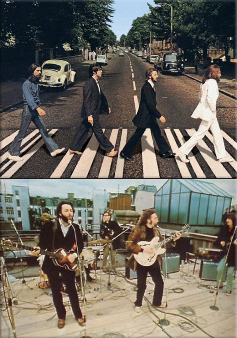 The Beatles – walking across Abbey Road; on the roof of the Apple studios building in London