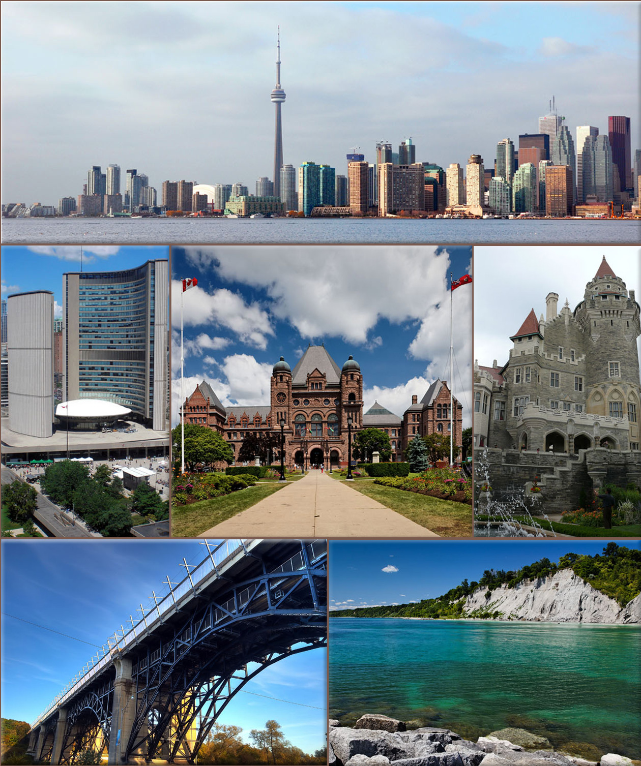 Toronto the largest city in Canada and the provincial capital of Ontario: ● Downtown Toronto featuring the CN Tower and Financial District from the Toronto Islands, ● City Hall, ● the Ontario Legislative Building, ● Casa Loma, ● Prince Edward Viaduct, and the ● Scarborough Bluffs