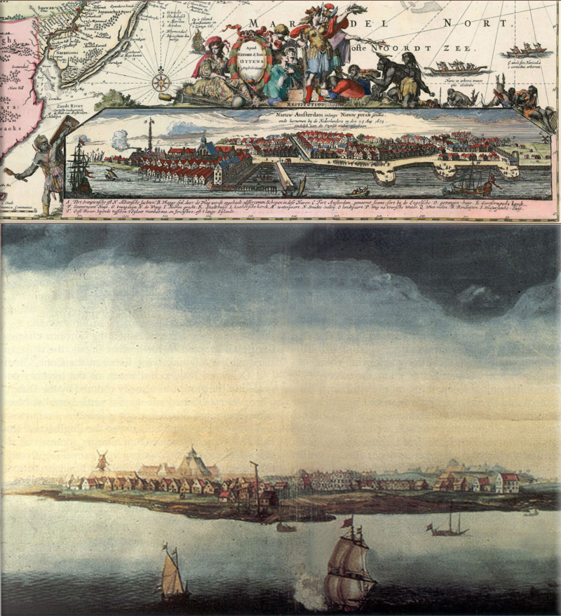 New Amsterdam: New Orange, 1674 (looking approximately north; the canal in the centre of the image (today's Broad St.) runs roughly north-south)