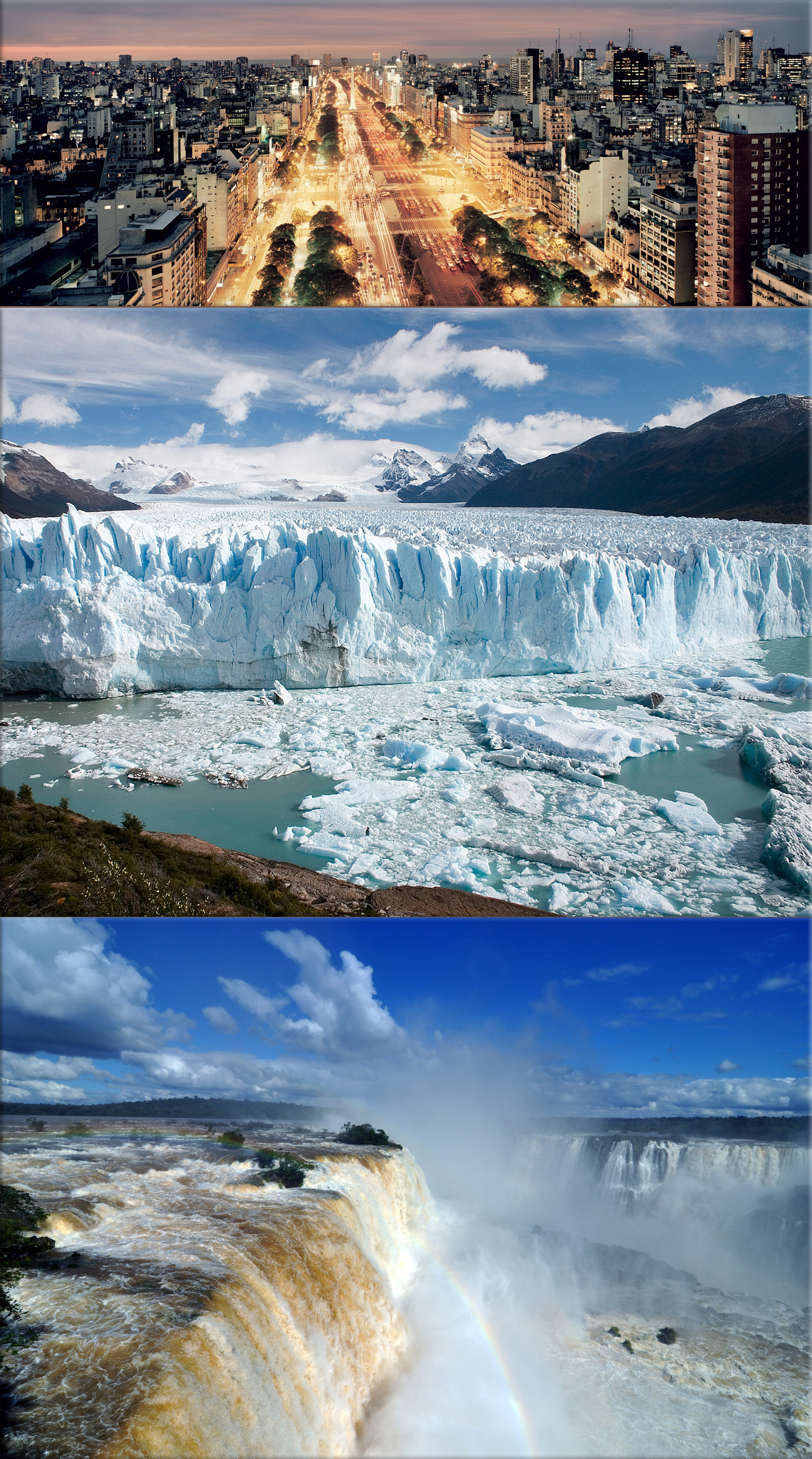 Argentina: Buenos Aires, capital and largest city of Argentina; ● Perito Moreno Glacier Patagonia Argentina ● Iguazu Falls (Iguazu River forms the boundary between Argentina and Brazil)