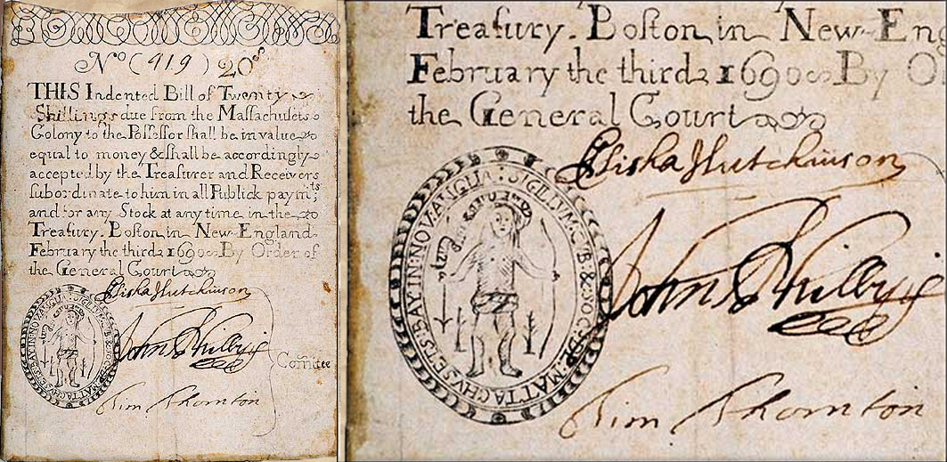 Massachusetts issued the colonies' first public currency, credit History.org