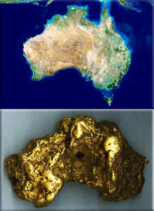 Austrlian satellite; Whole Earth, satellite image, credit Science Photo Library; Australian Gold Nugget, in the shape of Australia