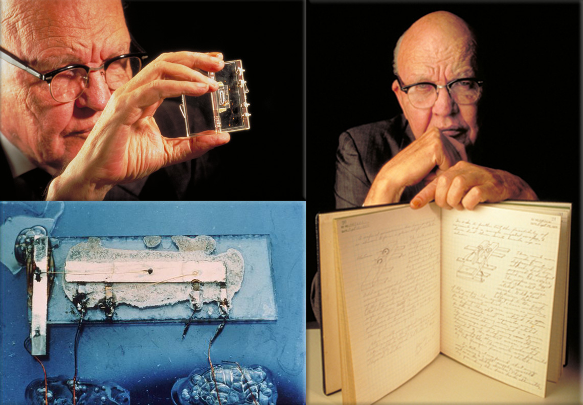 Jack Kilby: ● Jack Kilby's original integrated circuit ● Jack Kilby with his lab notebook open at his first solid circuit drawing