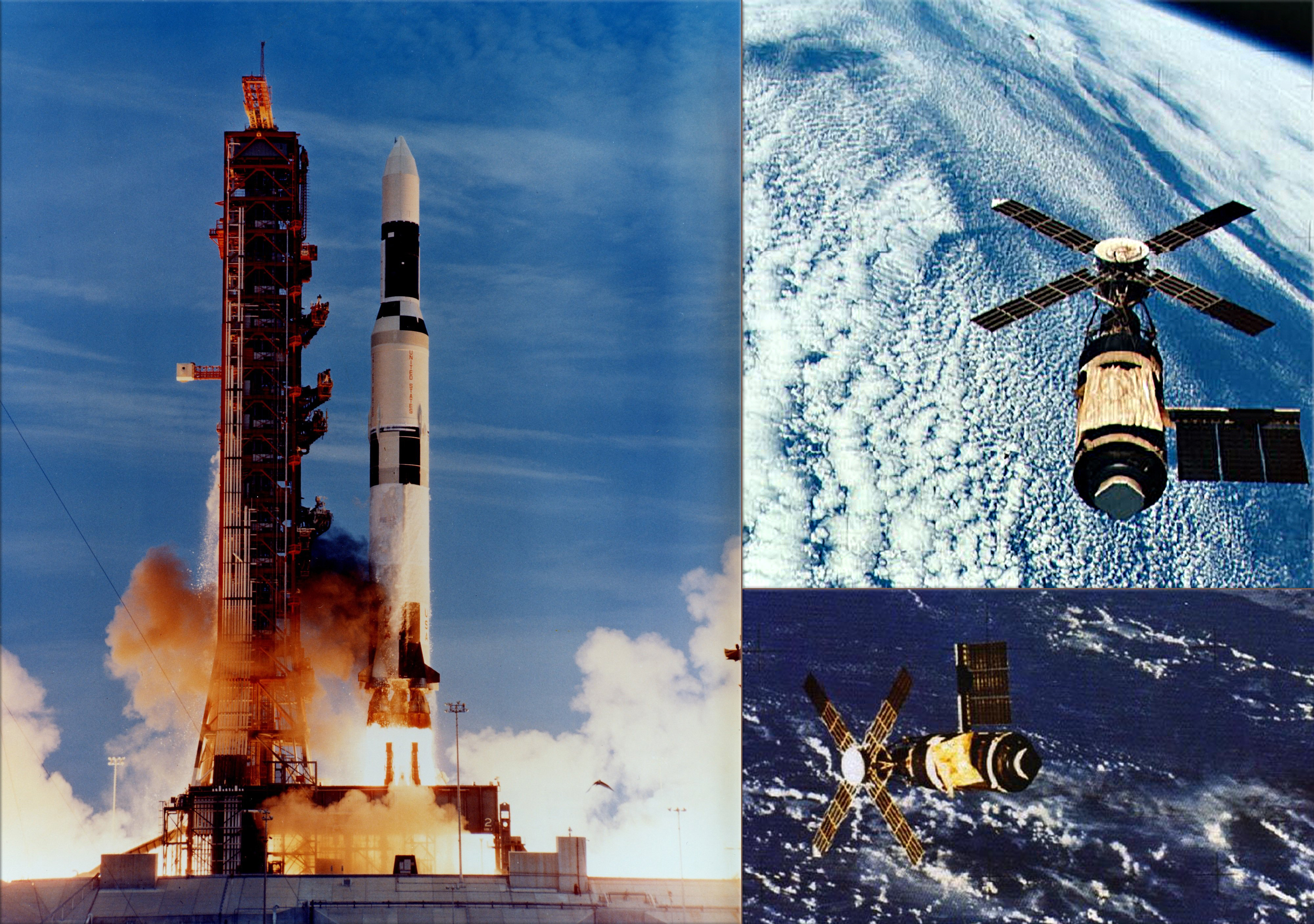 Skylab launch on Saturn V; Skylab above the Earth as seen during Skylab 4 mission, credit NASA