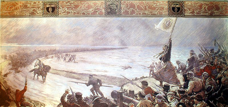 Battle of Hemmingstedt: in a history painting of 1910 by Max Friedrich Koch, assembly hall of the former District Building in Meldorf. The legendary virgin Telse waving the banner of the then Ditmarsian patron saint Mary of Nazareth