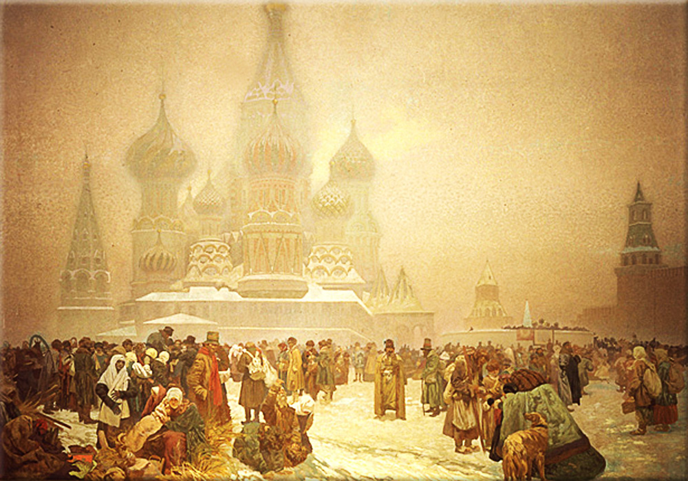 In Russia, serfdom was abolished by means of the Emancipation Edict of 1861, much later than elsewhere in Europe (The painting of the occasion shows a subdued crowd, uncertain as to what to make of the event, as perhaps expressed by the mother and child figure looking out from the left, her anxious expression reflecting the hard peasant life)