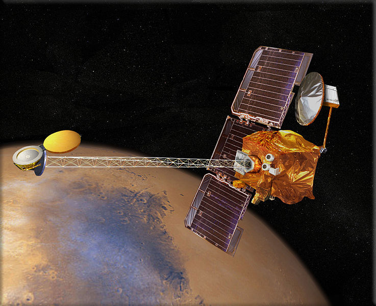 Mars Odyssey space probe: Conceptual drawing of 2001 Mars Odyssey over Mars, credit NASA