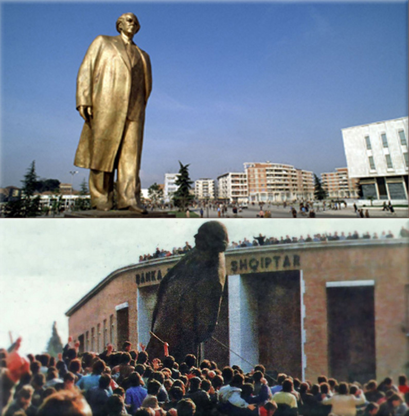A gigantic statue of Albania's long-time leader, Enver Hoxha, is brought down in the Albanian capital Tirana, by mobs of angry protesters