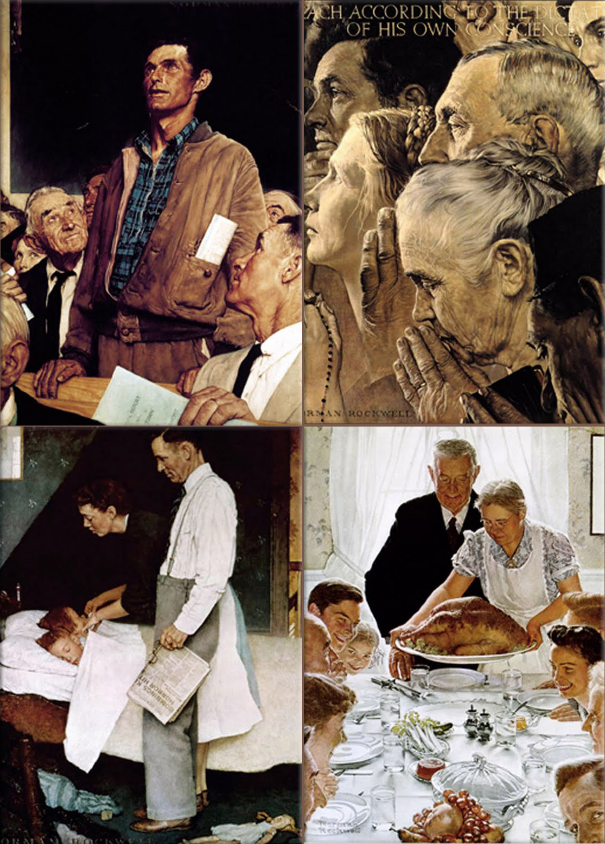 World War II: Four Freedoms (Norman Rockwell); Freedom of Speech, Freedom of Worship, Freedom from Want and Freedom from Fear