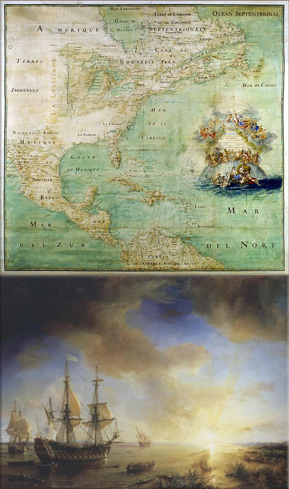 La Salle's Expedition to Louisiana in 1684, painted in 1844 by Theodore Gudin. La Belle is on the left, Le Joly is in the middle, and L'Aimable is grounded on the right