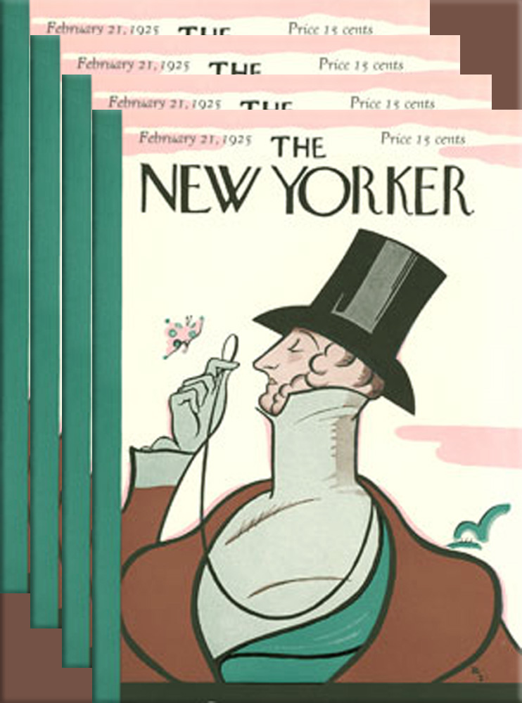 The New Yorker: First issue's cover with dandy Eustace Tilley, created by Rea Irvin (The image, or a variation of it, appears on the cover of The New Yorker with every anniversary issue)