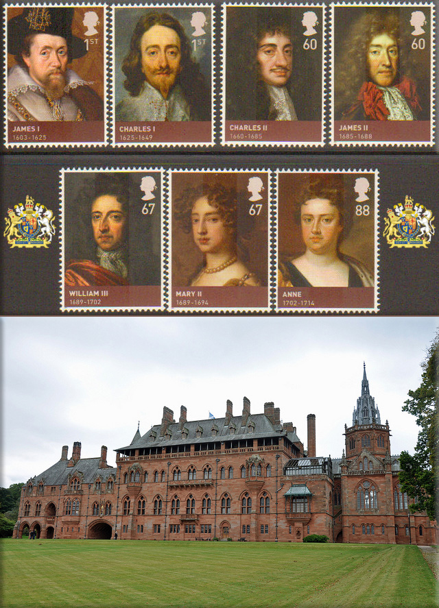 Kings & Queens (House of Stuart) Stamp Set, credit Great Britain Concise Stamp Catalogue ● Mount Stewart House, Isle of Bute (Mount Stuart is Britain's most astounding Victorian gothic mansion. Home to the Stuarts of Bute, descendants of the Royal House of Stuart, this magnificent house sits proudly on the Isle of Bute - ancient stronghold of Scottish kings.), credit Nikond90fan Flickr