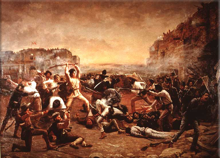 The Fall of the Alamo (1903) by Robert Jenkins Onderdonk, depicts Davy Crockett wielding his rifle as a club against Mexican troops who have breached the walls of the mission