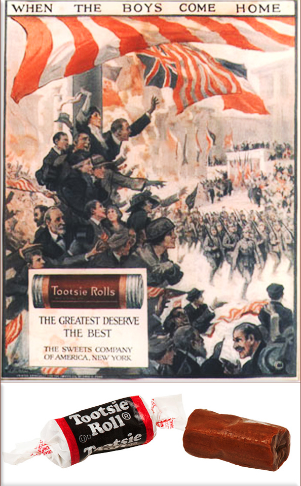 A patriotic advertisement for Tootsie Rolls during World War I  A small Tootsie Roll ('Midgee')