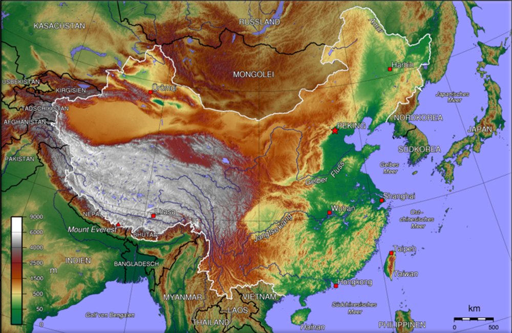 China physical relief map topography