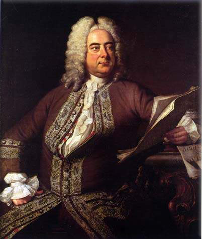 George Frideric Handel, born in the same year as Johann Sebastian Bach and Domenico Scarlatti. By Thomas Hudson (1749)